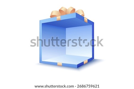 3D open blue gift box with golden ribbons and a bow on top, isolated on white background, symbolizing surprise, celebration, or reward. 3d vector illustration