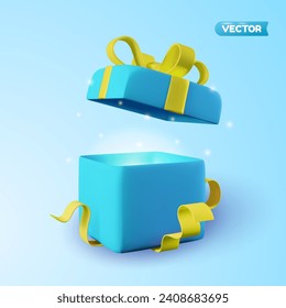 Cajas de regalo 3D azul abierto con cinta en verde sobre fondo azul. Representación 3D de una moderna caja sorpresa de vacaciones.