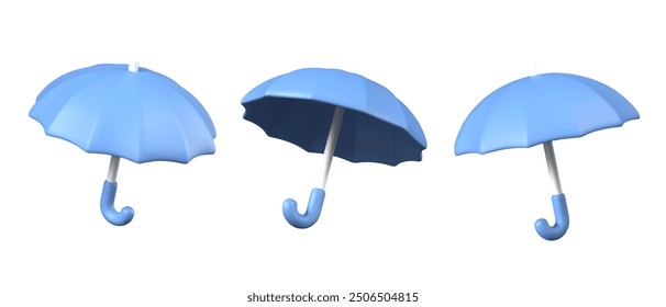 3D open blue umbrella in different positions. Template for protection, insurance concepts