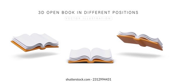3D open book in different positions on white background. Set of book icons, side, top, bottom view. Educational literature. Tome with blank pages. Vector image in cartoon style