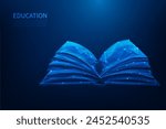 3d open book, education and knowledge on blue background. online learning digital low poly wireframe. vector illustration fantastic design.