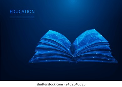 3d open book, education and knowledge on blue background. online learning digital low poly wireframe. vector illustration fantastic design.