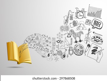 3D open book with flowing educational doodles for background. Ready to use.