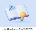 3D open book with paper plane and light bulb. Concept of education learning knowledge and creativity. Vector illustration.