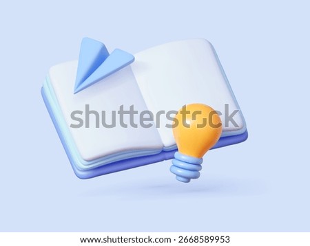 3D open book with paper plane and light bulb. Concept of education learning knowledge and creativity. Vector illustration.
