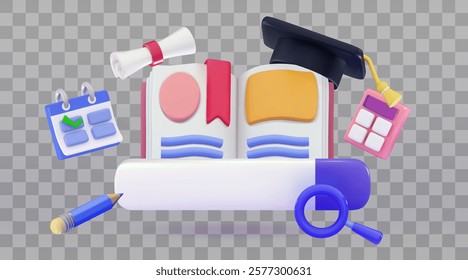 3D open book with a search bar with magnifying glass, graduate hat, calculator, calendar and diploma Study or Search for book or literature concept