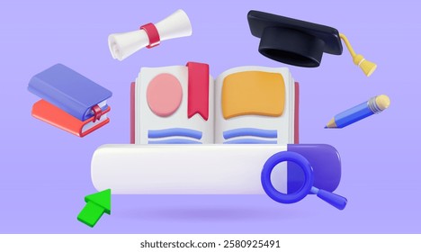 3D open book with a search bar, a graduate hat, pencil, and diploma Study or Search for book or literature concept