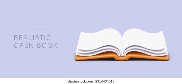 3D open book, side view. Symbol of knowledge and information. Vector realistic illustration on purple background. Planner, unlined notebook, journal for notes