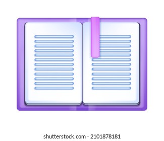 3D Open Book Vector Icon, Paper Hardcover Diary Isolated On White, Notebook Top View Clipart. Education Object, Magazine Article, Dictionary Page. 3D Book With Bookmark, Reading School Concept