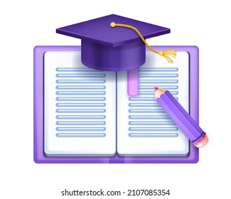 3D open book vector icon, graduation cap, isolated paper hardcover diary, notebook top view clipart. Education school concept, university study illustration. Reading school 3D book with bookmark