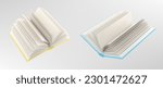3d open books with blank white pages. Mockup of empty notebooks with yellow and blue covers isolated on transparent background, vector realistic illustration