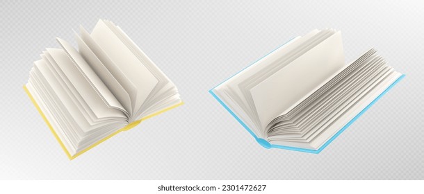 3d open books with blank white pages. Mockup of empty notebooks with yellow and blue covers isolated on transparent background, vector realistic illustration