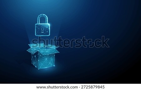 3d open box with padlock. Secure, confidential delivery, safe logistics, trusted service, privacy assurance, ready data security solution concept. Low poly digital futuristic style, wireframe. Vector.