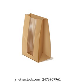 3d open brown paper lunch bag with a clear plastic rectangular insert in the middle. Empty kraft bag for takeaway products. Vector illustration isolated on white background.