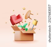 3D open cardboard box with home goods isolated. Render furniture armchair, plant in pot, lamp and table. Delivery, relocation service. Move, transportation and logistics concept. Vector illustration