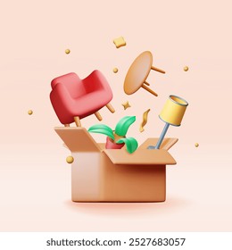 3D open cardboard box with home goods isolated. Render furniture armchair, plant in pot, lamp and table. Delivery, relocation service. Move, transportation and logistics concept. Vector illustration