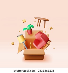 3D open cardboard box with home goods isolated. Render furniture armchair, plant in pot, lamp and table. Delivery, relocation service. Move, transportation and logistics concept. Vector illustration