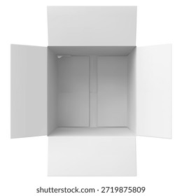 3D-Ansicht des offenen Kartons von oben. Realistische weiße Schachtel Paket Vorlage. Die quadratische Schachtel ist leer und hat offene Seitenklappen. Lieferfracht. Paket Paket Vektor Rendermockup. Versandverpackungen Produkte
