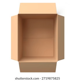 Vista de la caja de cartón abierta 3D desde arriba. Plantilla de paquete de cartón marrón realista. La caja está vacía y tiene solapas laterales abiertas. Entrega de carga. Maqueta de procesamiento de Vector de paquete de paquete. Productos de los paquetes del envío