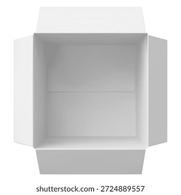 3D abrir caixa de papelão vista de cima. Realista pacote de caixa branca. A caixa quadrada está vazia e com abas laterais abertas. Carga de entrega. Modelo de vetor de pacote de pacotes de pacotes. Indústria de remessa embala produtos