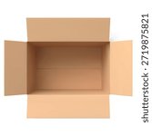 3D open cardboard box viewed from above. Realistic brown carton parcel. The box is empty and has side flaps open. Delivery cargo, parcel package vector render mockup. Shipping industry packs products
