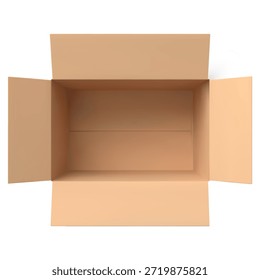 Caja de cartón abierta 3D vista desde arriba. Realista paquete de cartón marrón. La caja está vacía y tiene solapas laterales abiertas. Carga de entrega, paquete de paquete de Vector render maqueta. Industria naviera empaqueta productos