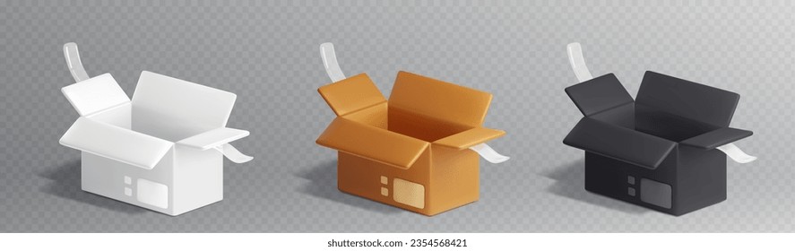 3d open cardboard parcel box package vector icon in brown, white and black. Isolated empty warehouse carton cargo with tape and label for shipping illustration set. Distribution container side design