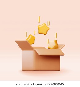 3d open carton box with sparkling stars isolated. Render cardboard parcel box with golden star. Loyalty program, quality product shipping, order delivery rating, premium logistics. Vector illustration