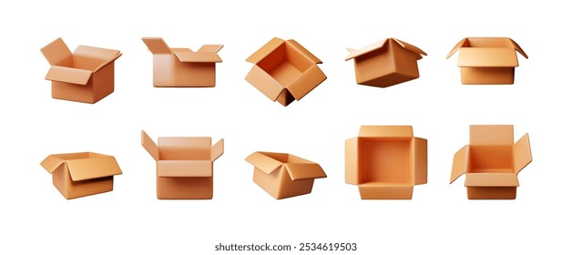 3D caja de embalaje de cartón abierto conjunto aislado en blanco. Render colección del paquete de cartón con tapa. Contenedores postales. Embalaje de entrega de cartón. Transporte y logística. Ilustración vectorial