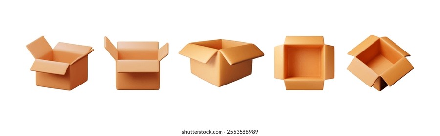 3D open carton packaging box set isolated on white. Render collection of cardboard package with cover. Postal containers. Carton delivery packaging. Transportation and logistics. Vector illustration