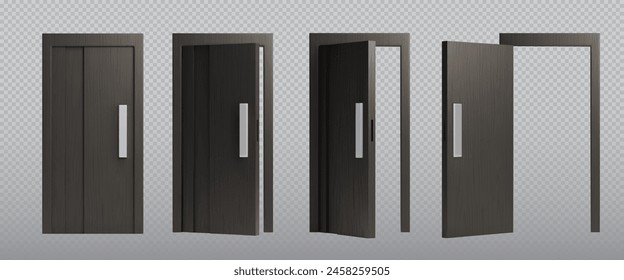 3d open and close house or office front door frame. Realistic black ajar doorframe with handle asset lock and welcome. Closed wooden exit for opportunity elements. Dark shut way to living room design