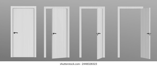 3d open and close white house or room door frame. Realistic ajar office front doorway isolated vector. Closed welcome gate. Shut entrance with handle for living apartment sequence for animation