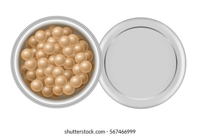 3d open container with face powder pearls. Package of colored meteorites cosmetic corrector for makeup in box. Realistic balls for make-up in jar - vector illustration isolated on white background.