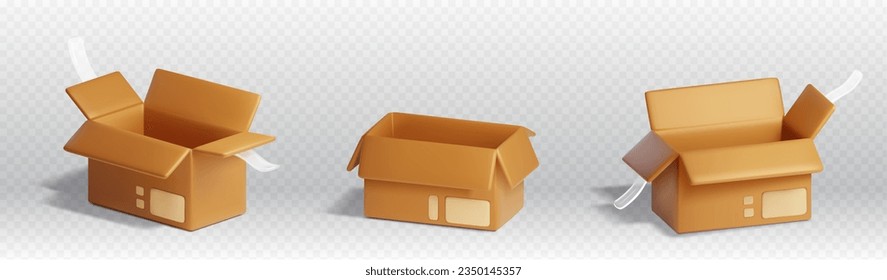 3d open delivery cardboard parcel box vector icon. Isolated carton empty cargo for shop warehouse illustration set. Courier product paper container with tape for logistic, distribution or storage
