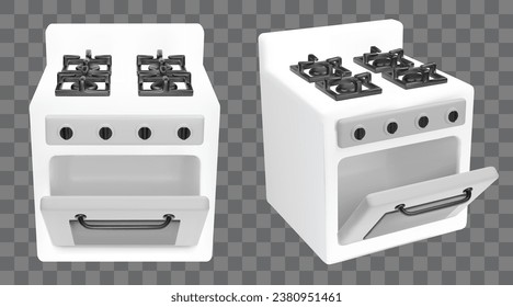 3d horno de puerta abierta en ícono vectorial de cocina aislada. Aparato interior de cocina realista para la vista frontal y lateral del hogar. Proyección de perspectiva de un clipart de diseño de calentador para la cocción culinaria.