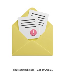 3D offener E-Mail-Umschlag mit Geschäftsdokumentbriefen einzeln auf Weiß. Cartoon Stil bunter E-Mail-Brief mit wichtigen Geschäftsdokumenten Ausrufezeichen-Schaltfläche. Briefpost.