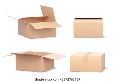3d open empty delivery cardboard box vector icon. Isolated brown parcel package for shop or warehouse. Realistic render of paper product container set. Close and tape logistic recycle storage mockup
