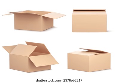 3d open empty delivery cardboard box vector icon. Isolated brown parcel package for shop or warehouse. Realistic render of paper product container set. Close and tape logistic recycle storage mockup