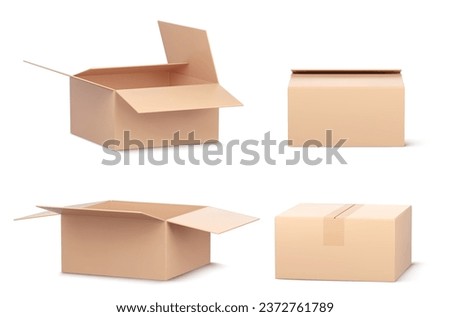 3d open empty delivery cardboard box vector icon. Isolated brown parcel package for shop or warehouse. Realistic render of paper product container set. Close and tape logistic recycle storage mockup