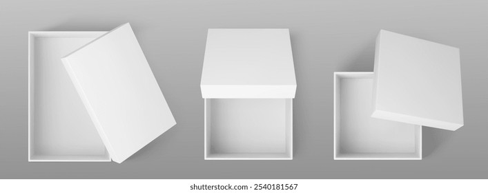 3d aberto branco vazio caixa de presente em branco mockup vetor de vista superior. Pacote quadrado de papel com tampa realista presente design. Recipiente de produto de amostra de maquiagem para entrega. Pacote pequeno de papelão de cubo de negócios