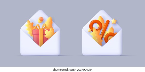 3d open envelope with autumn leaves and gift box, percent symbol with leaves out of the post envelop, 3d icon render style, modern graphic