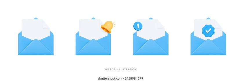 3D Open Envelope Icon Set mit Glocke, neue Benachrichtigung und Häkchen. Blauer Umschlag mit Dateidokument. Nachricht per E-Mail senden. Abonnieren zum Newsletter. Zeichentrickdesign-Symbolsatz. 3D-Vektorillustration