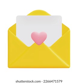 3d open envelope letter icon vector. Mail letter with pink heart. Minimal design. 3d love and valentine day concept. Isolated on white background. 3d love letter icon vector render illustration.