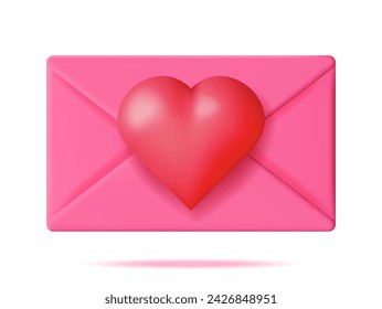 3D Open Envelope Letter with Red Heart Isolated. Render Pink Mail with Heart Inside. Love Symbol. Romance, Passion, Wedding, Valentine Day Celebration Decoration Card. Realistic Vector Illustration