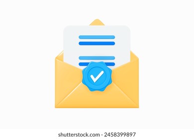 3D Open envelope with paper and check mark. Approved document. Verified message. Email with stamp. Confirmation letter. Completed task or survey. Cartoon design icon. 3D Vector illustration