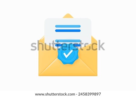 3D Open envelope with paper and check mark. Approved document. Verified message. Email with stamp. Confirmation letter. Completed task or survey. Cartoon design icon. 3D Vector illustration