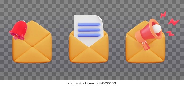 3D Open envelope set White volumetric sheet of paper with blue text Realistic symbol communication Business news Alert incoming message