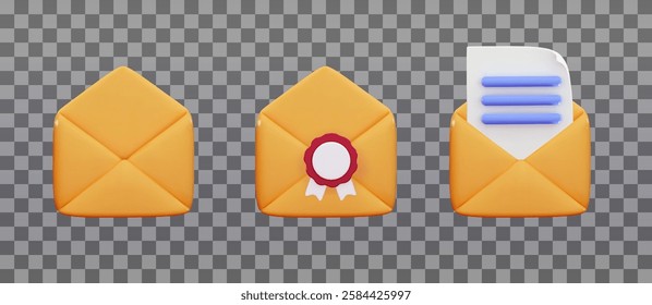 3D Open envelope set White volumetric sheet of paper with blue text Realistic symbol communication Business news Alert incoming message