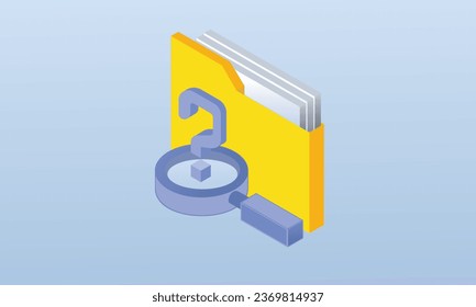 3D Open folder with a document and a magnifier with a question mark, search for a document in the database.3D design.isometric vector design Illustration.