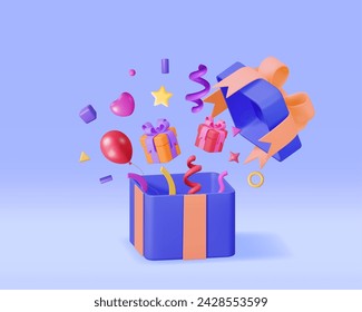 3D Open Gift Box With Falling Confetti. Render Present Box Surprice. Christmas. New Year Sale, Shopping. Present Box with Bows Ribbons. Giftbox for Valentine, Birthday and Holiday. Vector Illustration